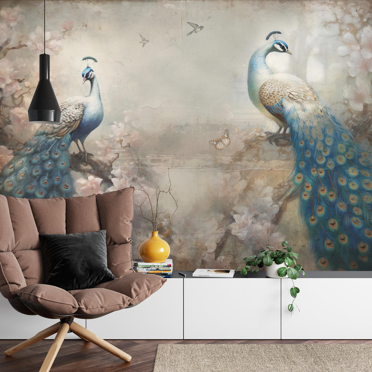 FOTOTAPETE Abstrakte Pfauen Blumen Beton Vintage 250x175 - Blau/Beige, Papier (250/175cm) - Muralo