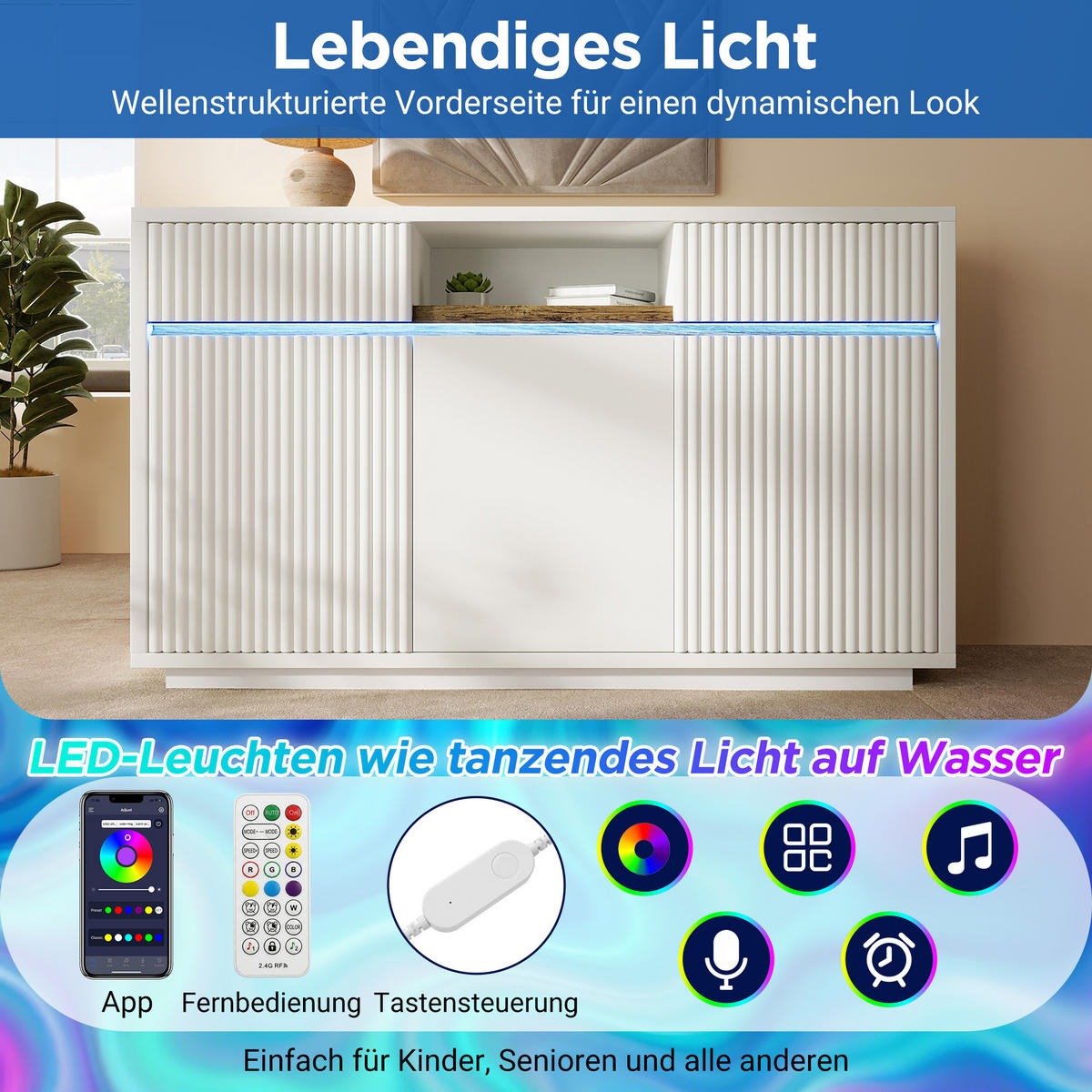 SIDEBOARD aus MDF und Spanplatte 140x40x85 cm Weiß mit LED-Beleuchtung, 2 Schubladen und verstellbaren Einlegeböden - Weiß, Holzwerkstoff (140/85/40cm) - Modfu
