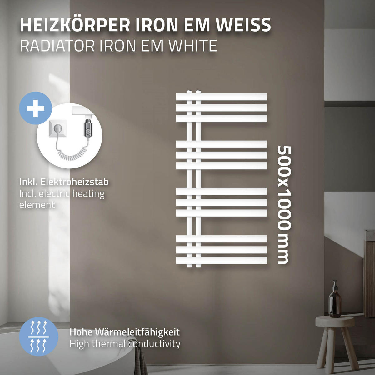 ELEKTRICKÝ koupelnový radiátor Iron EM 500 × 1000 mm, bílý, s topným tělesem 300 W - bílá, kov (50/100/3cm) - LuxeBath