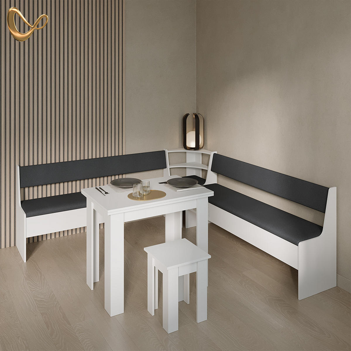 ECKBANKGRUPPE Tiberio Weiß 210 x 210 cm mit Tisch - Weiß, Holzwerkstoff (210/80/210cm) - Livinity®
