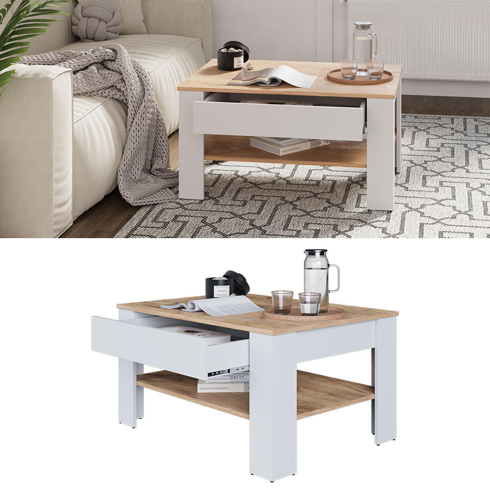 COUCHTISCH Milan Weiß/Goldkraft Eiche 92.2 x 65 cm - Honigeiche/Weiß, Holzwerkstoff (65/92.2/48cm) - Vicco