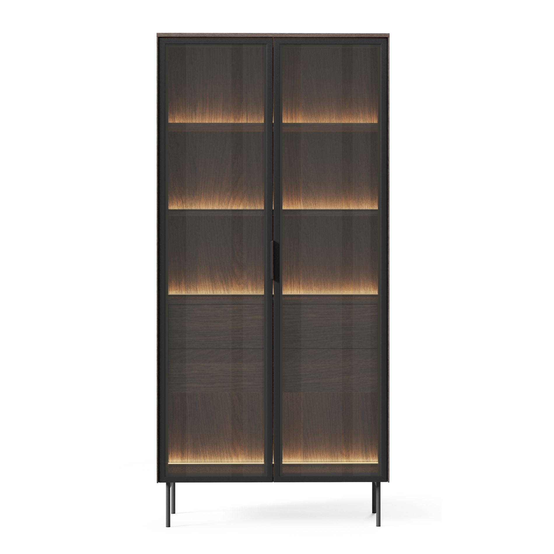 VITRINE Lumi mit LED Eiche Dunin 91 cm - Dunkelbraun/Schwarz, Holzwerkstoff/Metall (91.5/194.6/39.3cm) - Selsey