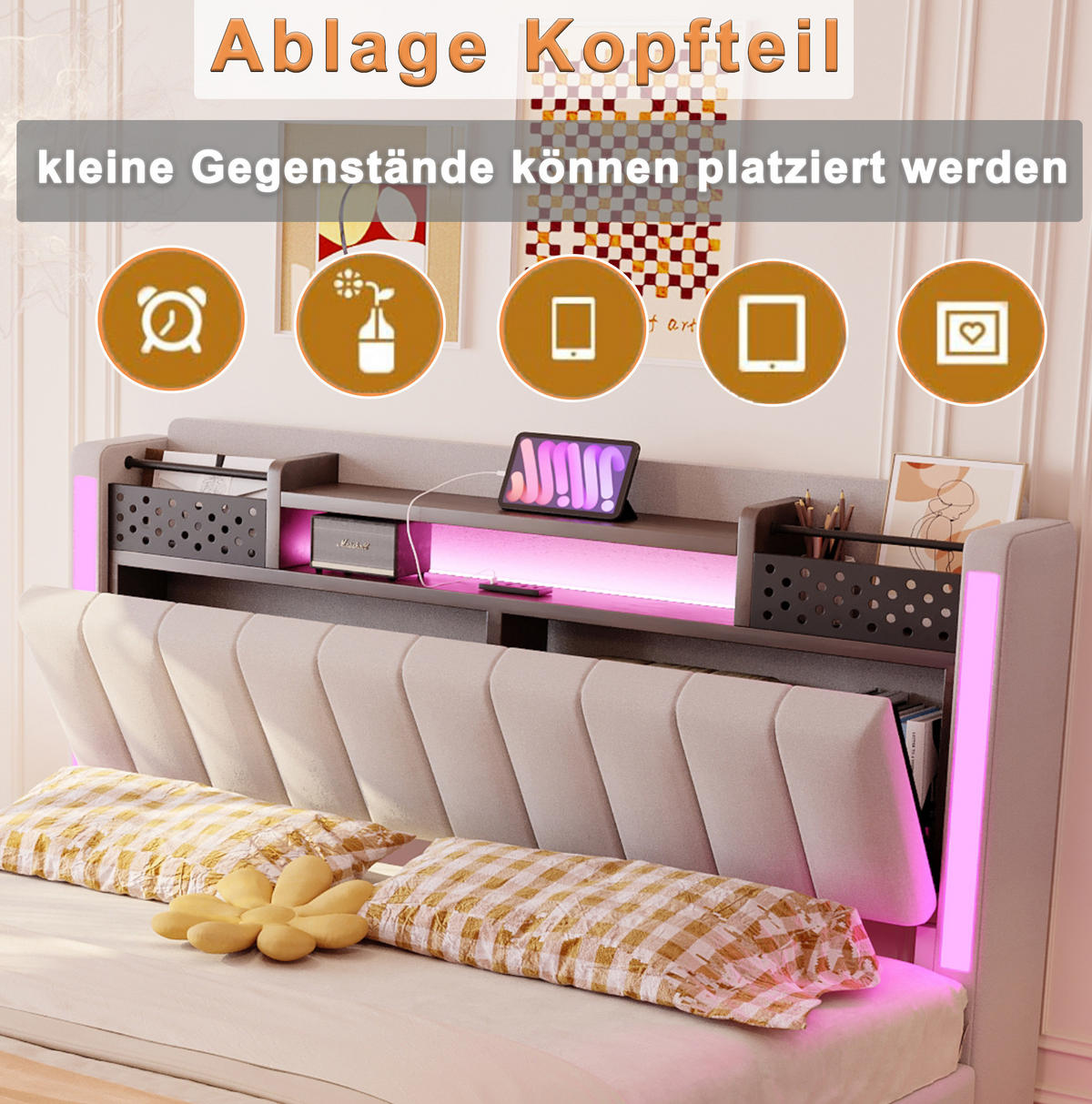 POLSTERBETT 140/200 cm Beige aus Leinenstoff mit LED-Beleuchtung und USB-Anschluss - Beige, Textil (140/200cm) - OKMYHOME