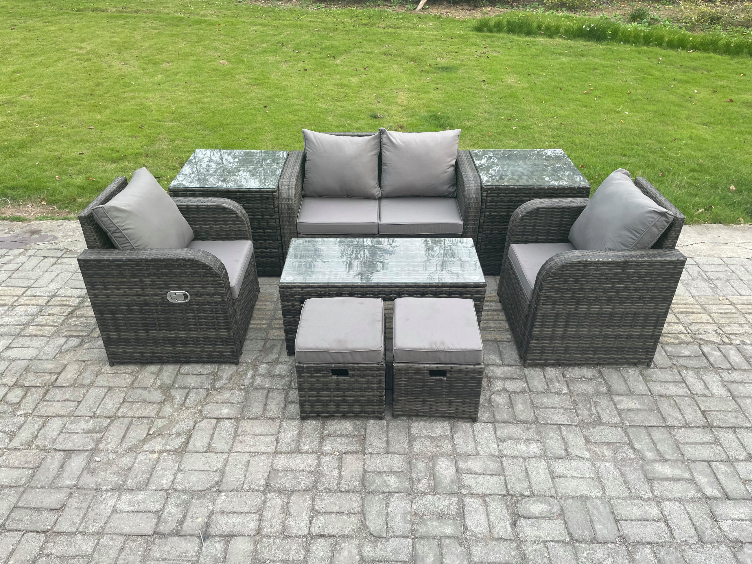 GARTENSOFA SET mit COUCHTISCH Polyrattan 5-Sitzer - Dunkelgrau/Grau, Glas/Kunststoff - Fimous