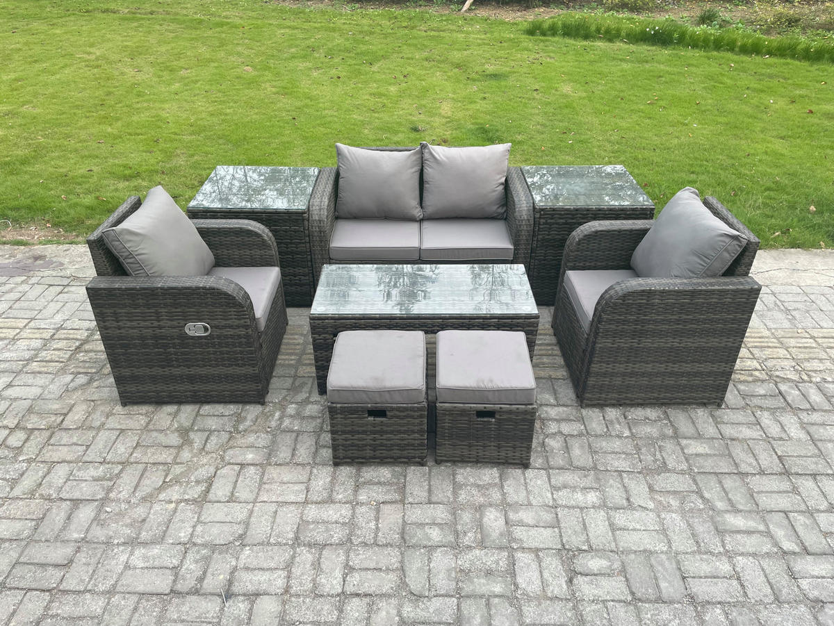 GARTENSOFA SET mit COUCHTISCH Polyrattan 5-Sitzer - Dunkelgrau/Grau, Glas/Kunststoff - Fimous