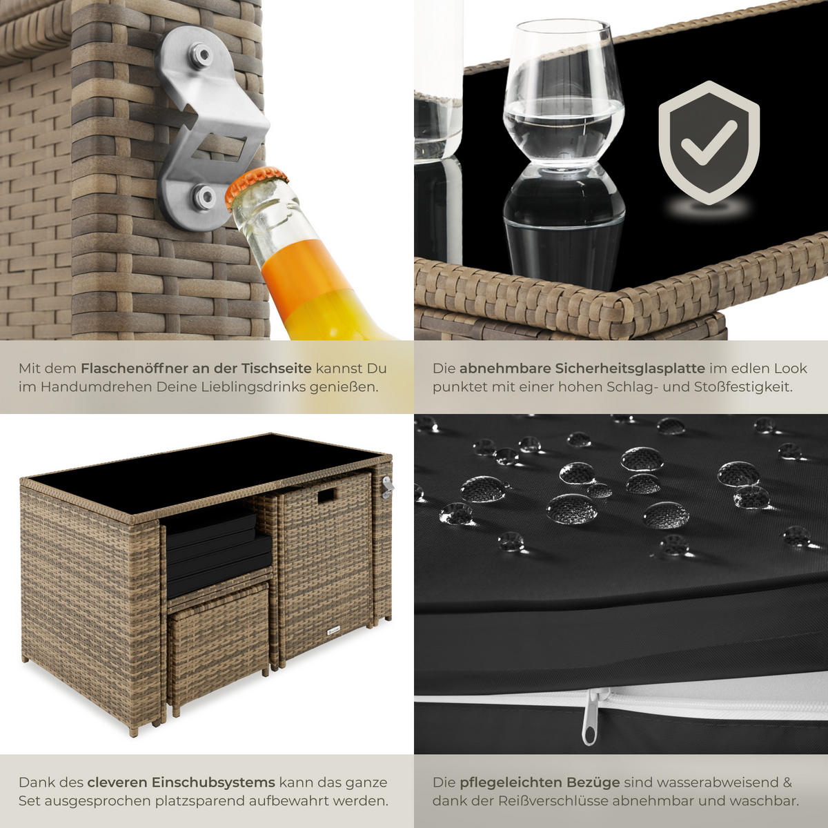 RATTAN SITZGRUPPE Palermo,inklusive Flaschenöffner, zusammenschiebbar,natur - Naturfarben, Kunststoff - tectake