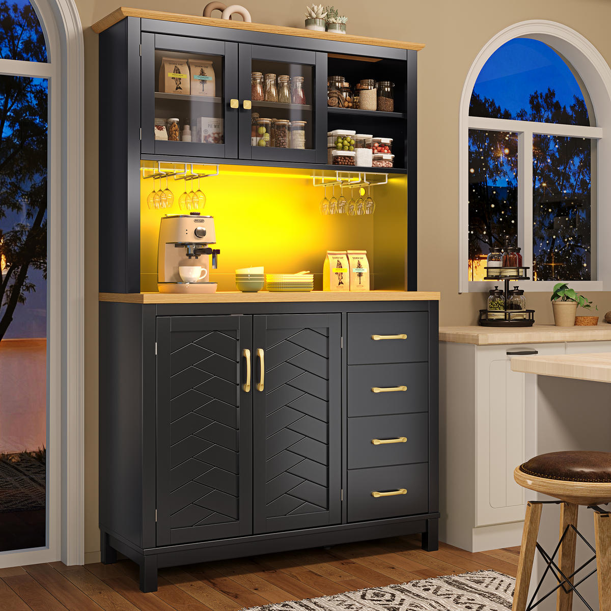 GESCHIRRSCHRANK aus MDF 105.5x40x180cm in Schwarz mit LED-Lichtleiste - Schwarz, Holzwerkstoff (105.5/180/40cm) - Modfu