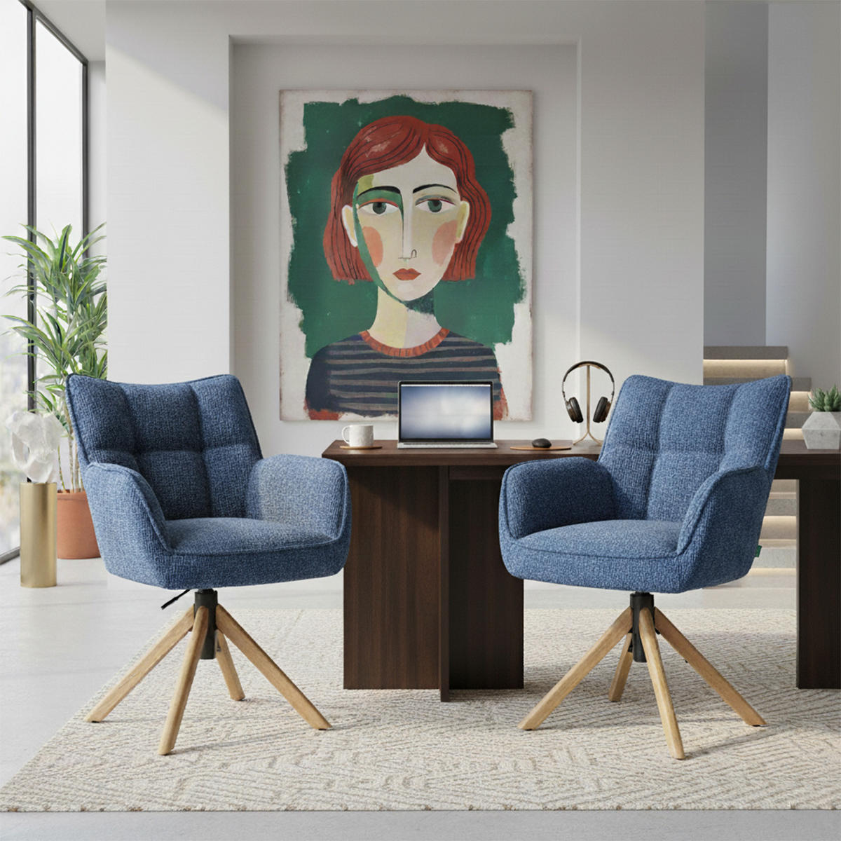 BÜROSTUHL Mika-Keno - Honigeiche/Blau, Eichenholz/Holz (59/85/66cm) - DUBI Möbel