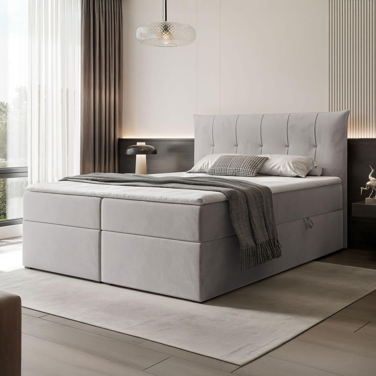 BOXBETT CHESTER 200/200 cm mit Matratze und Topper, Grau - Grau, Holzwerkstoff/Textil (200/200cm) - Idohome