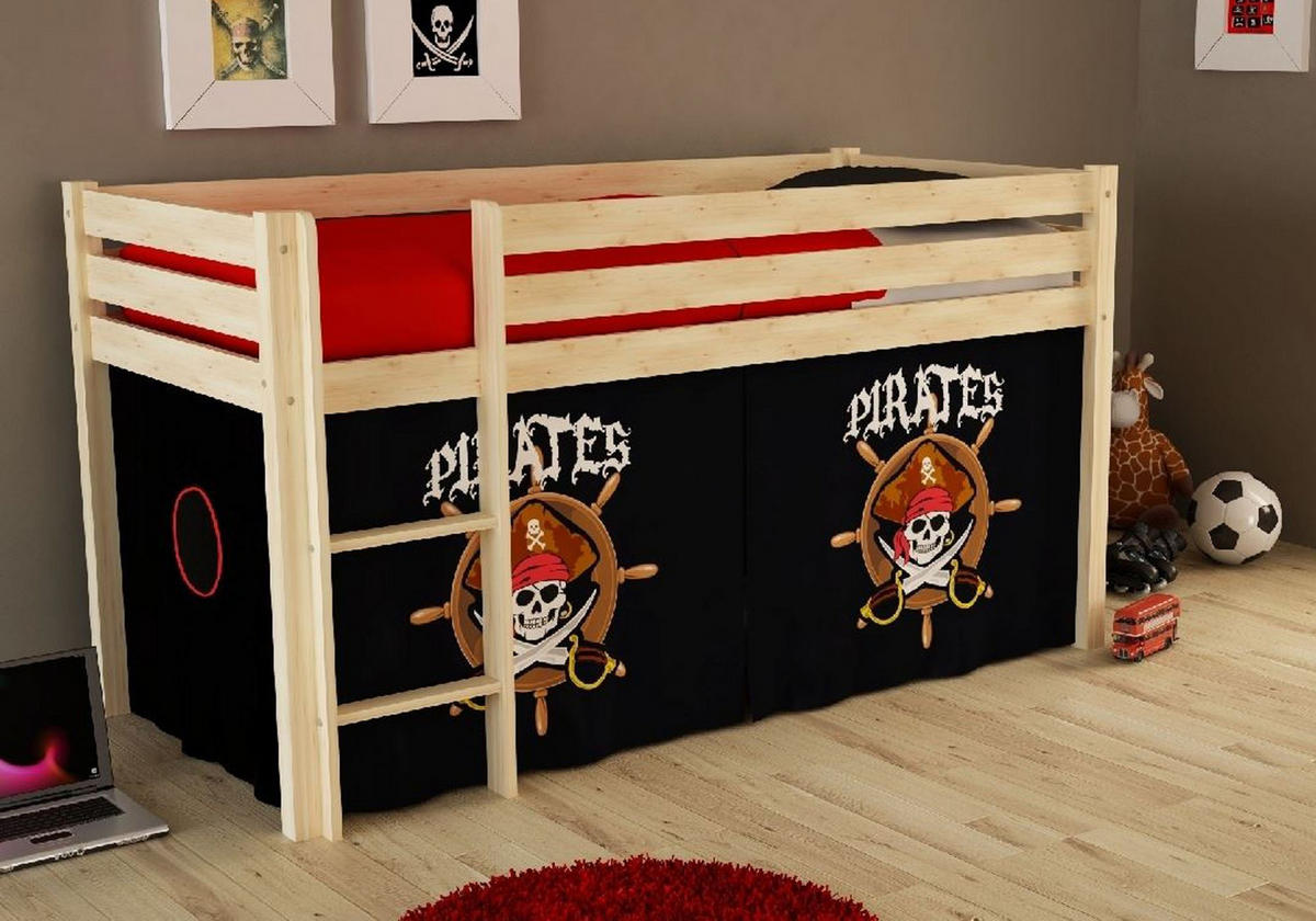 KINDERBETT Karolina 210x114x106 Massivholz Natur Textilset Pirate - Schwarz/Kieferfarben, Holz (90/200cm) - 58aufmkessel