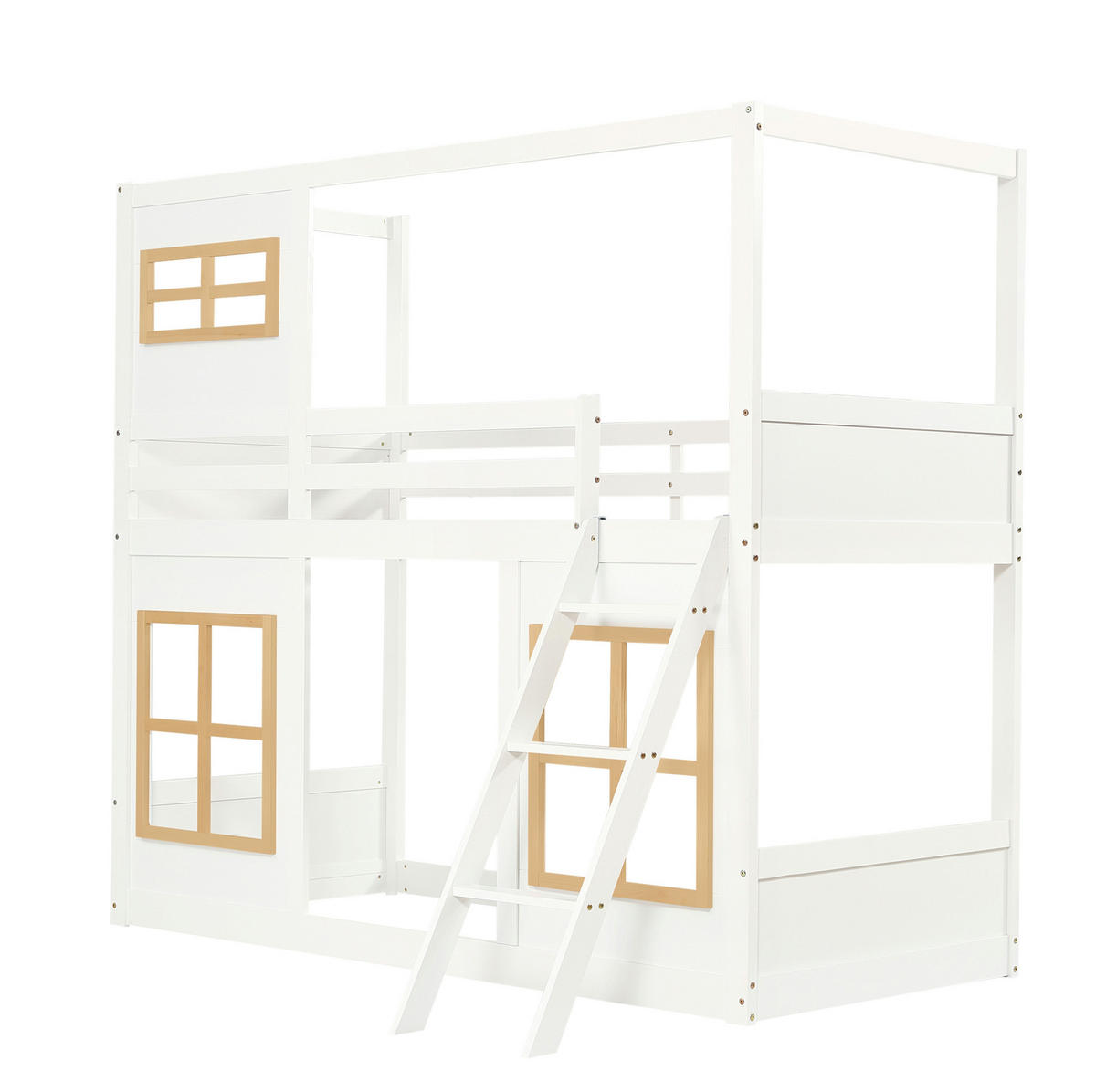 ETAGENBETT 90/200 cm weiß und natur aus Kiefer mit Fenstern - Weiß, Holz (90/200cm) - OKWISH