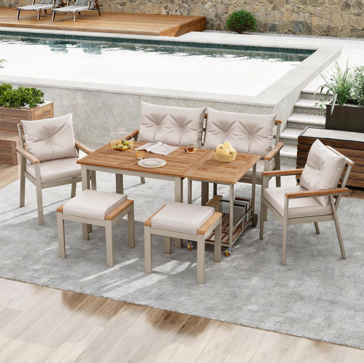 GARTEN-ESSTISCHSET für 6-7 Personen mit abnehmbarem Servierwagen und wasserabweisenden Kissen, Beige/Natur - Beige, Metall - Redom