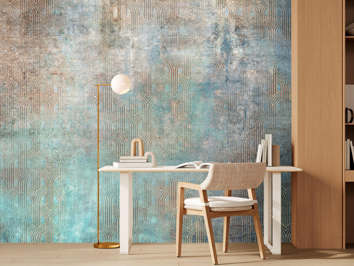 FOTOTAPETE für Wohnzimmer Abstrakter Bogen Mural Geometrie 450x315 - Türkis/Beige, Papier (450/315cm) - Muralo