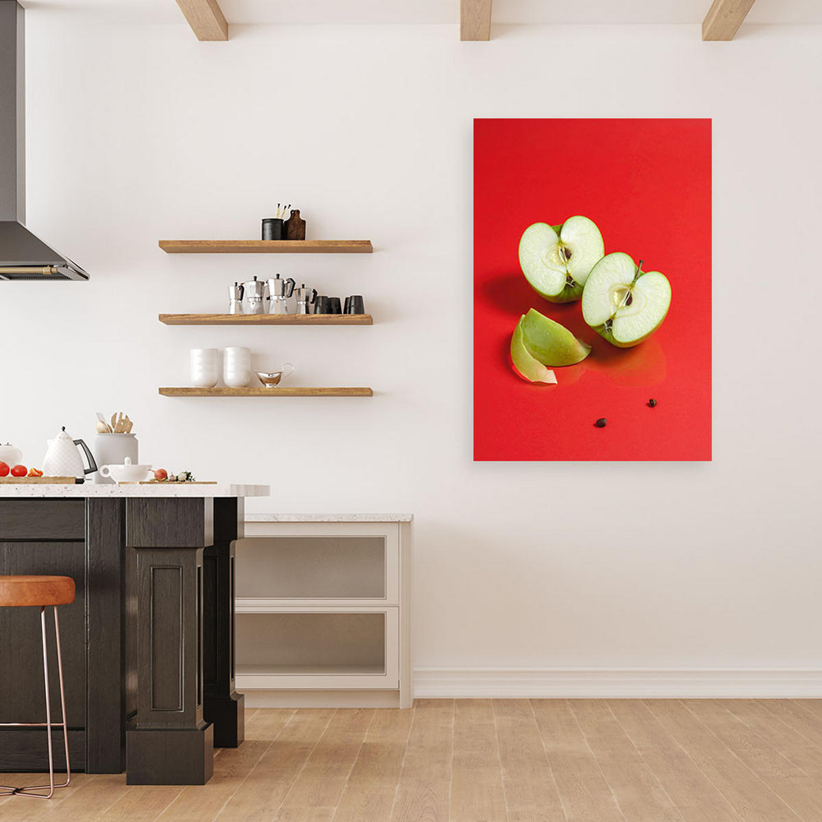 BILD auf Leinwand, Eine Scheibe grüner Apfel auf leuchtend rotem Hintergrund - Rot, Textil (40/60cm) - Feeby