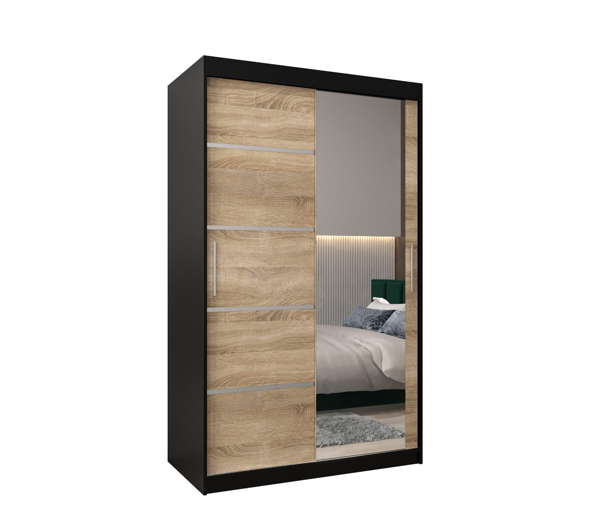 Möbel Kryspol Schwebetürenschrank Schwarz, Sonoma Eiche, Silber 120x200x62 cm