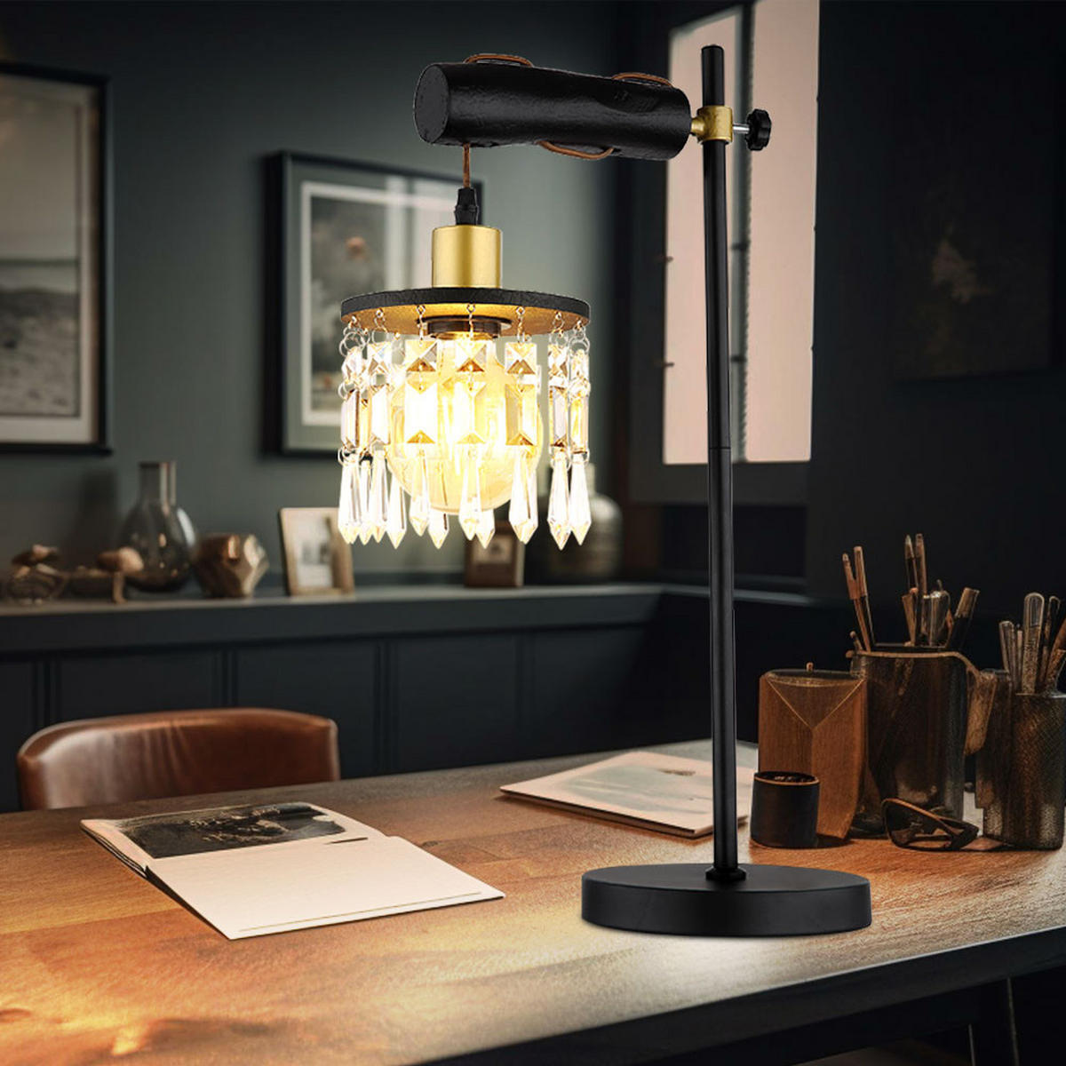 LED TISCHLEUCHTE Metall Schwarz Kristalloptik - Schwarz, Holz (34/18/55cm) - Globo Lighting