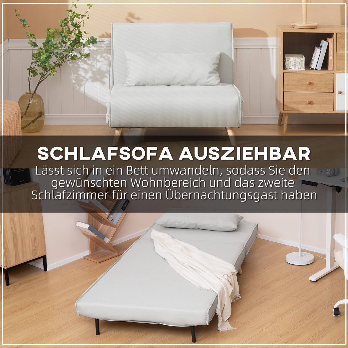 EINZELSOFA Sofabett Klappsofa verstellbar Rückenlehne nordisch skandinavisch - Creme/Naturfarben, Holz/Textil (78/80/94cm) - HOMCOM