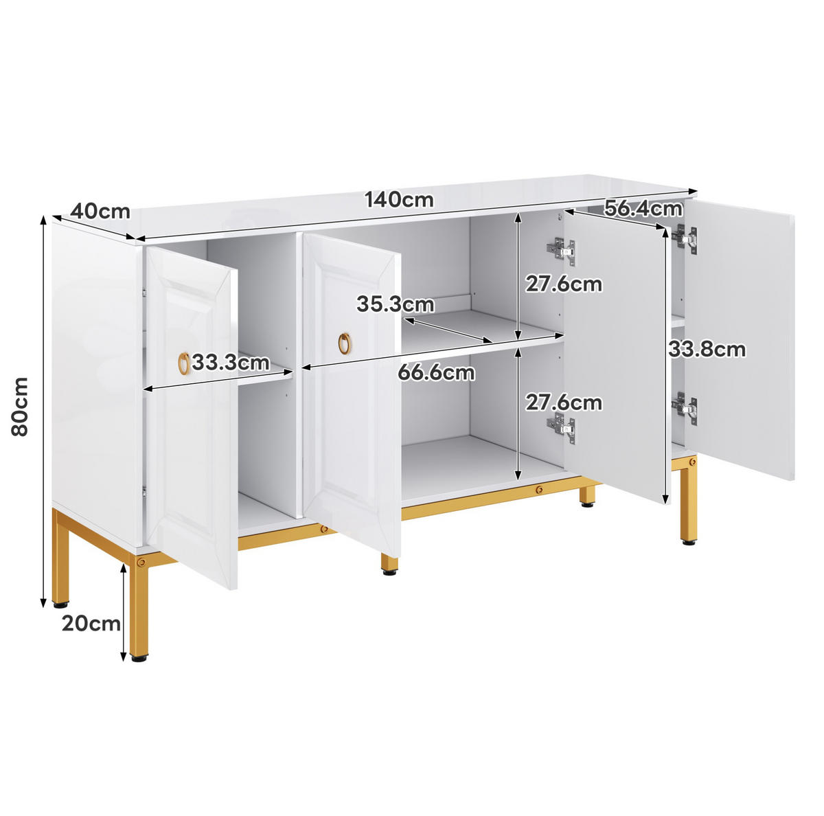 SIDEBOARD in Hochglanz Weiß mit goldenen Metallbeinen und eleganten Ringgriffen, 140/40/80 cm, Weiß/Gold - Weiß, Holzwerkstoff (140/80/40cm) - Redom