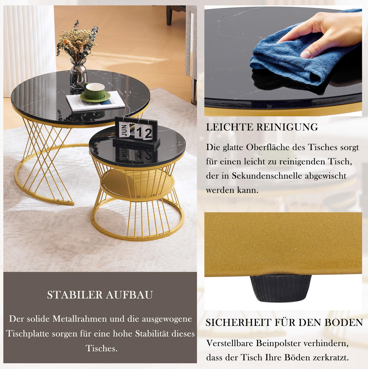 COUCHTISCH-SET aus MDF 70x70x45 cm Schwarz mit Marmormuster und goldfarbenem Metallgestell - Schwarz, Holzwerkstoff (70/70/45cm) - IVMEU