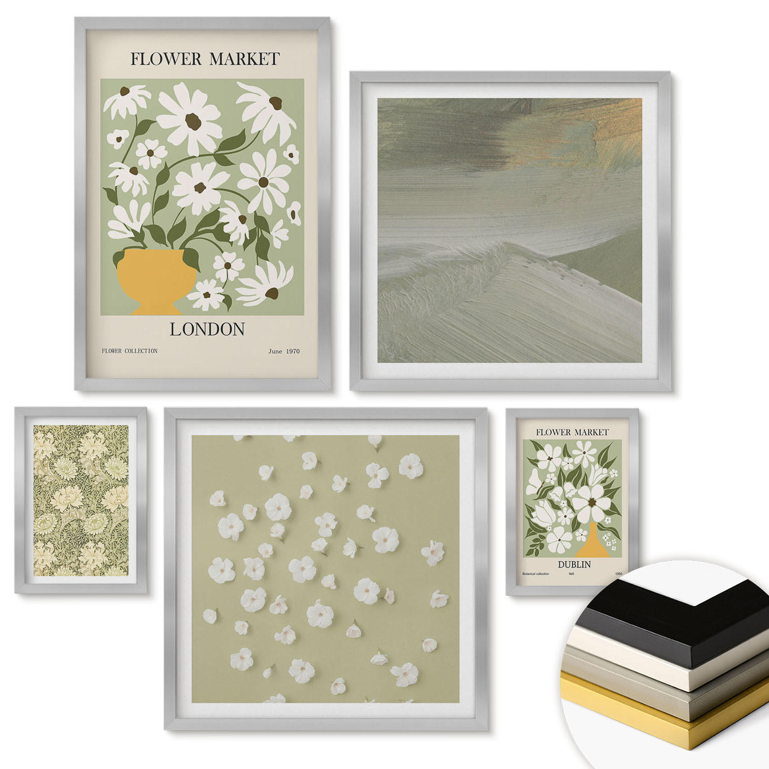 WANDBILDER 5er Set - 50x50 cm & 20x30 cm & 40x60 cm Silberner Rahmen - Florale Abstraktionen im Boho-Stil - Silberfarben, Kunststoff (40/60cm) - ArtPrintCave