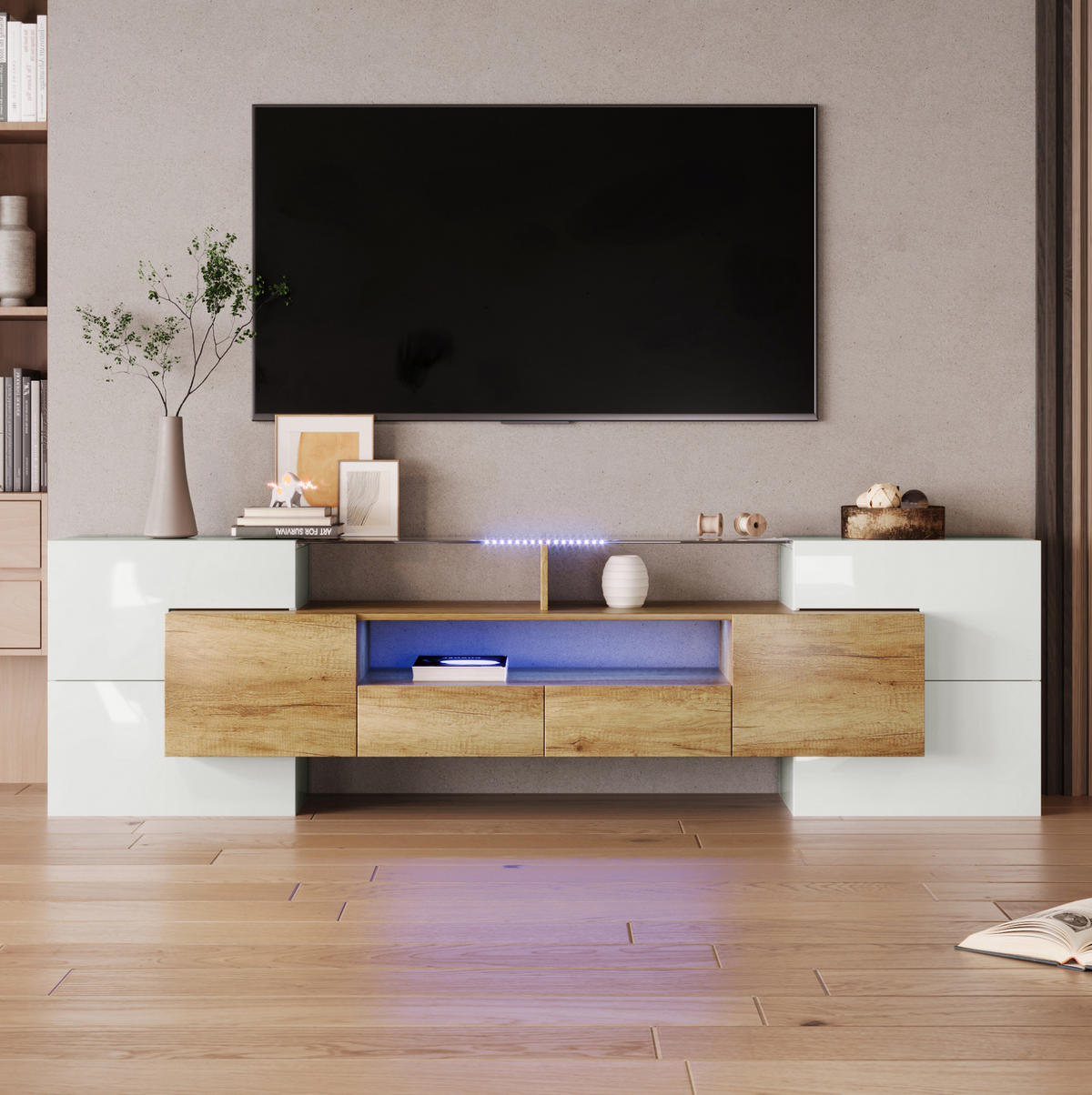 LOWBOARD 200/35/60 cm in Natur und Hochglanzweiß aus MDF mit LED-Beleuchtung - Weiß, Holzwerkstoff (30/60/200cm) - OKMYHOME