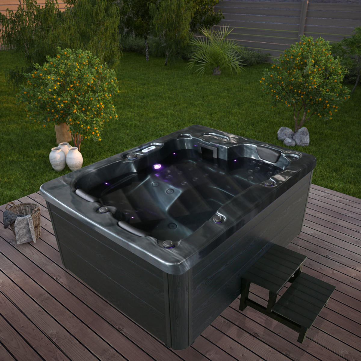 OUTDOOR Whirlpool BLACK MARBLE - Mit Treppe und Thermoabdeckung - Schwarz, Kunststoff (160/80/210cm) - Home Deluxe