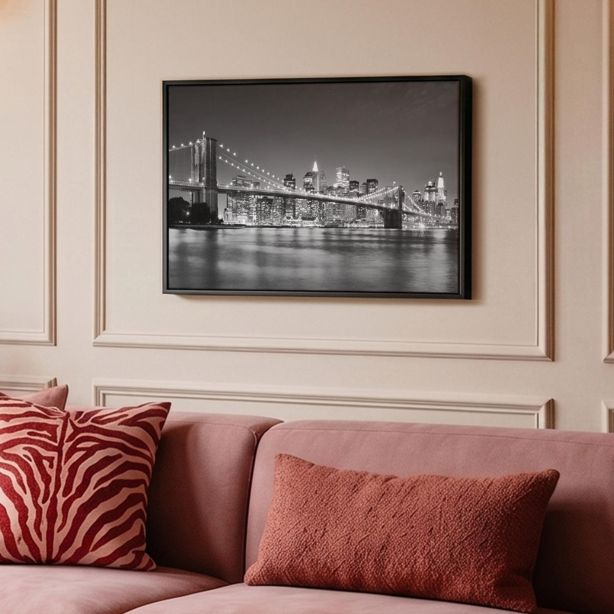 LEINWAND Bilder mit Rahmen - New York - Brücke - Brooklyn - Schwarz und weiß - Architektur - 60x40 - Schwarz, Textil (60/40cm) - MuchoWow