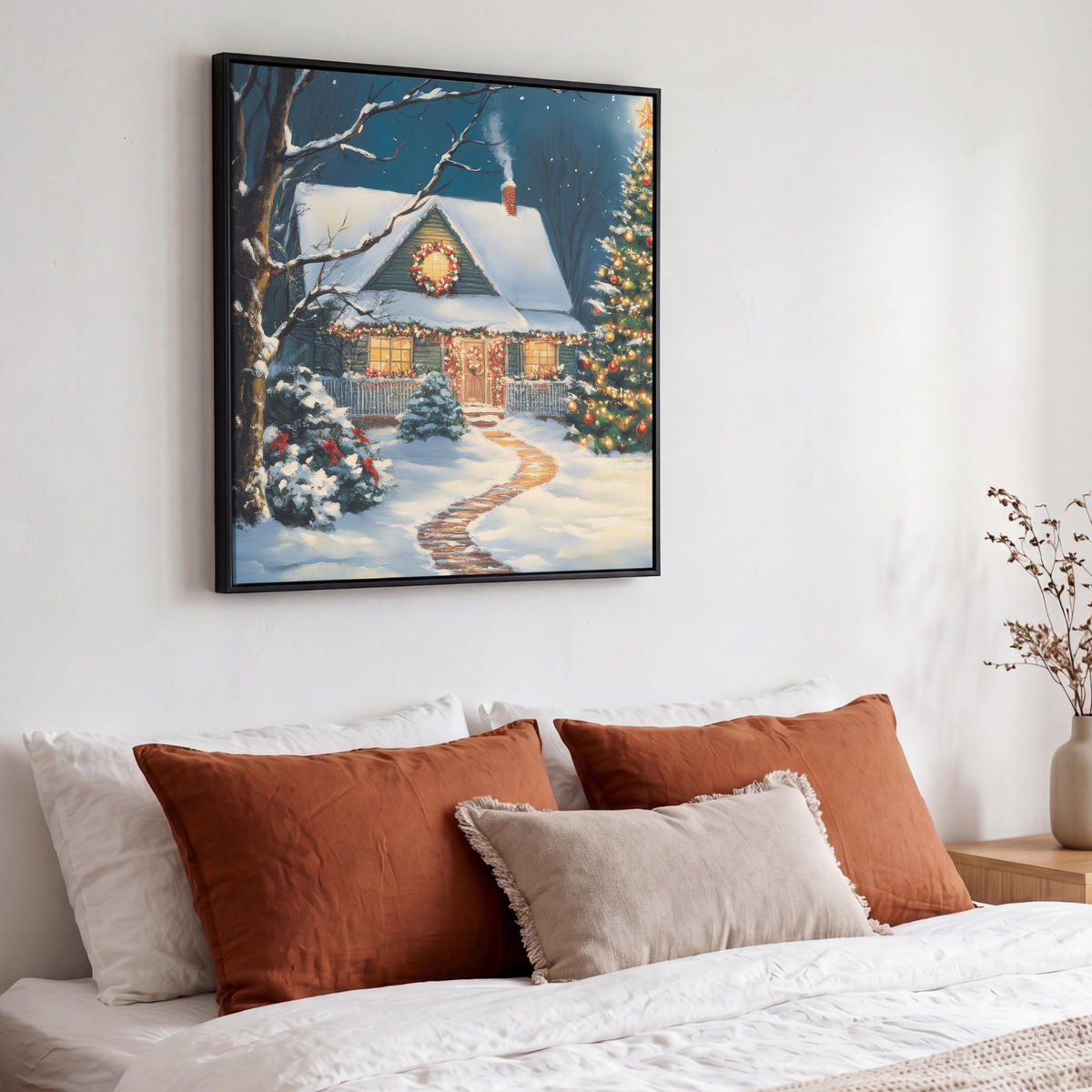 LEINWAND Bilder mit Rahmen - Weihnachten - Weihnachtsbaum - Winter - Zuhause - Schnee - 50x50 - Smaragdgrün, Textil (50/50cm) - MuchoWow