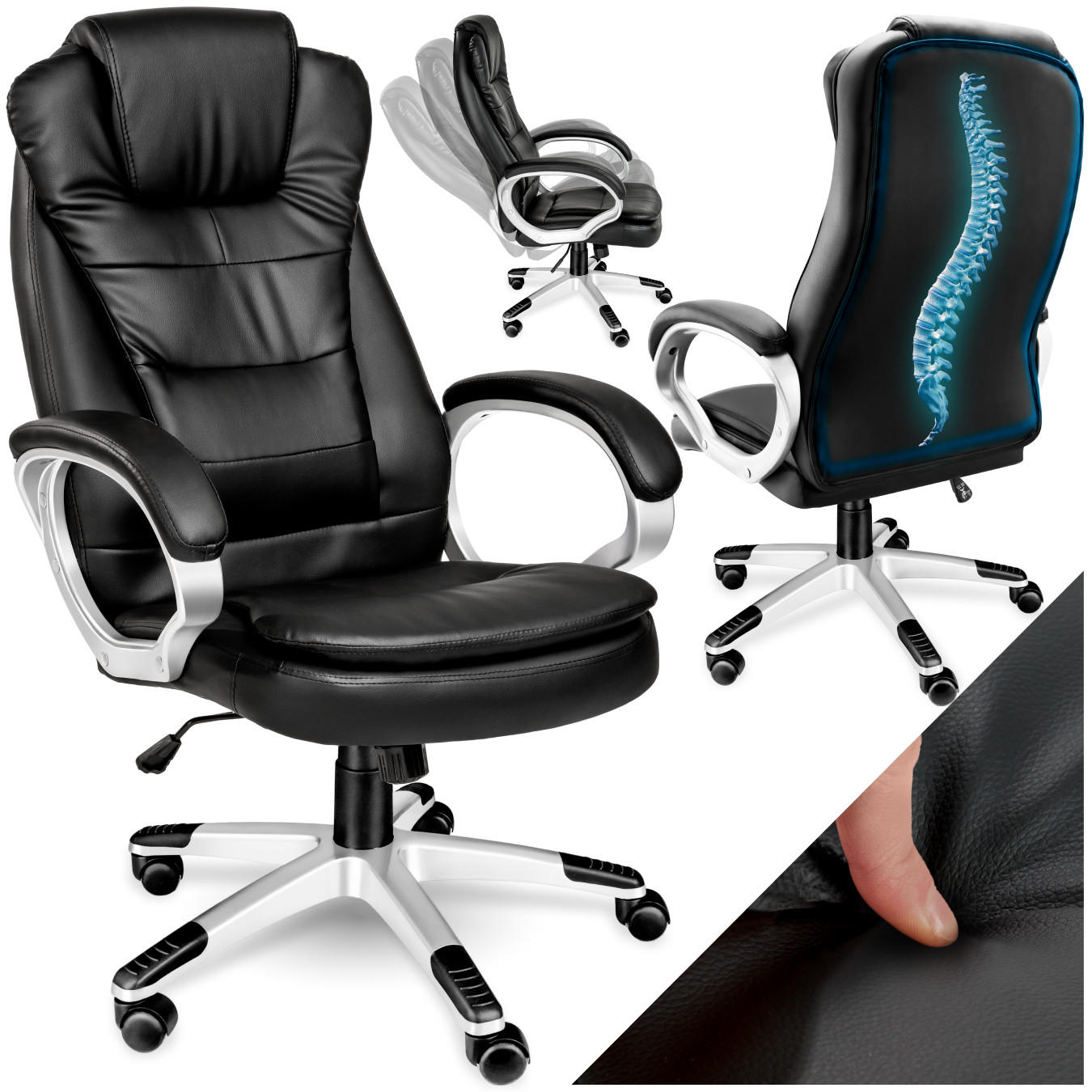 BÜROSTUHL Zulu,einstellbare Wippfunktion,schwarz - Schwarz, Leder (53/55/53cm) - tectake