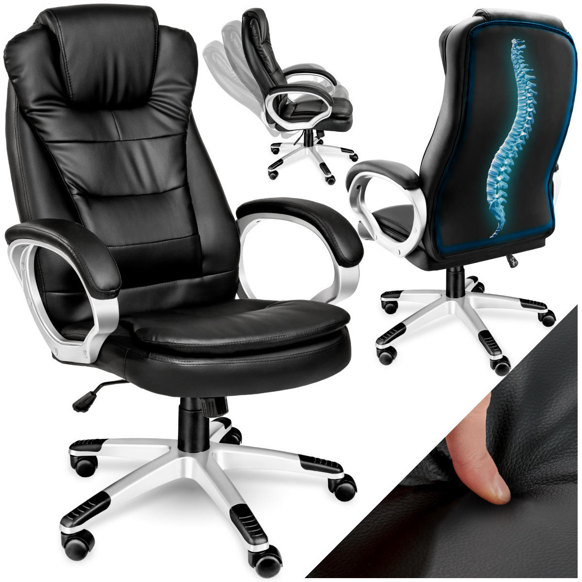 BÜROSTUHL Zulu,einstellbare Wippfunktion,schwarz - Schwarz, Leder (53/55/53cm) - tectake