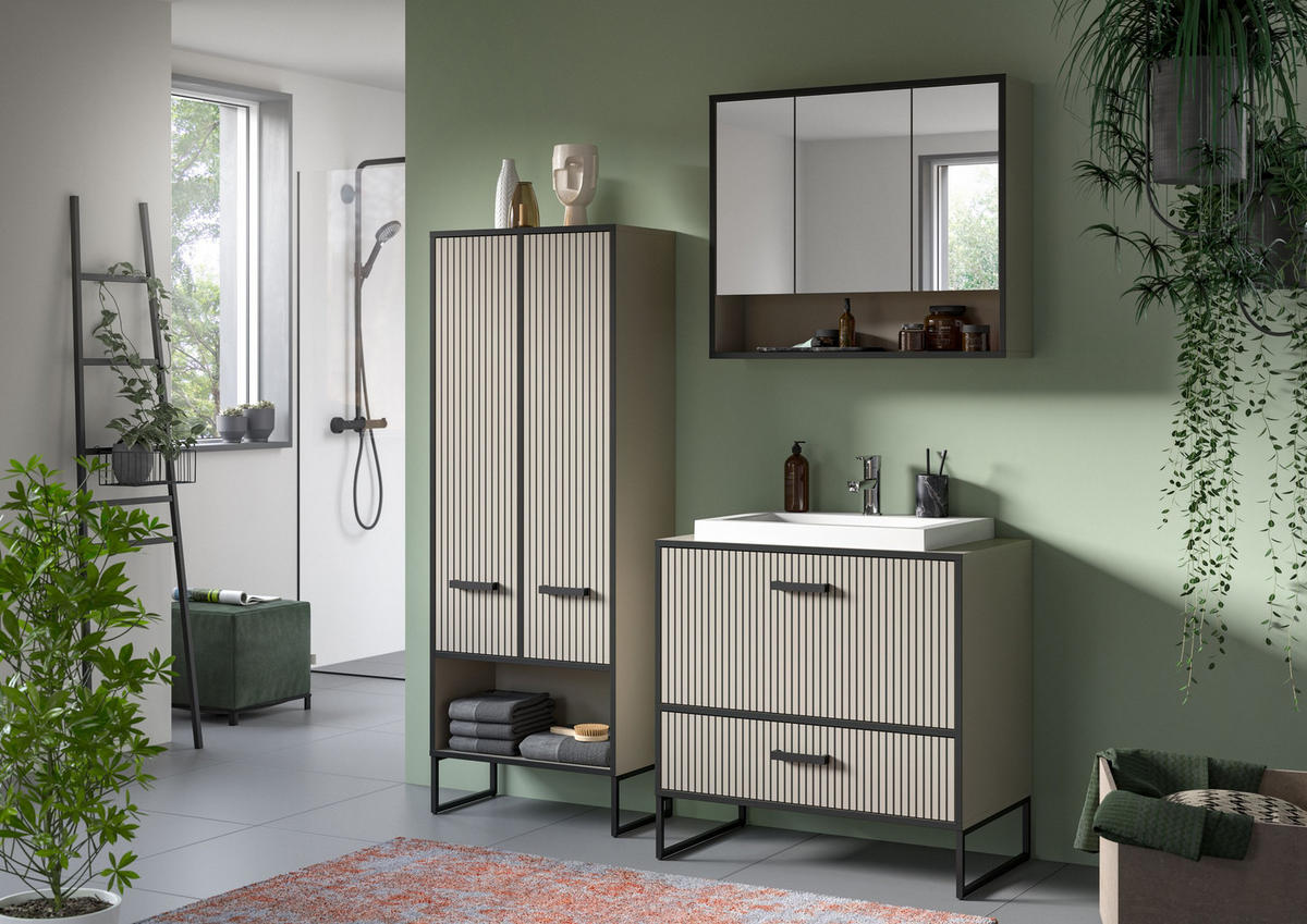 SPIEGELSCHRANK Bagno Bad in Kaschmir Nachbildung und schwarz - modernes Design - B/H/T: 80x68x19 cm - Kaschmir, Holzwerkstoff (80/68/19cm)