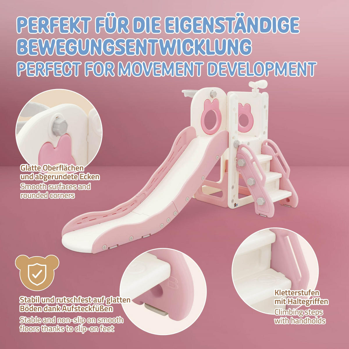 KINDERRUTSCHE Weiß-Rosa aus Kunststoff - Rosa, Kunststoff (91/90/162cm) - Joyz