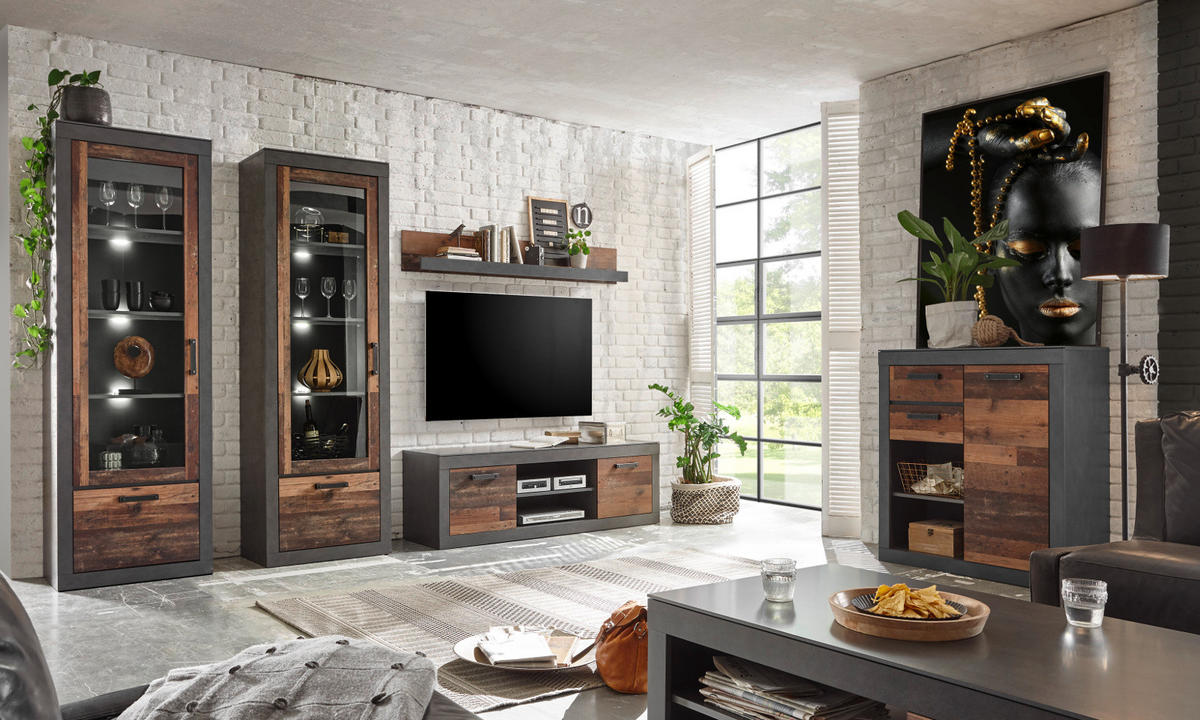 TV-LOWBOARD Old Used Wood Shabby Design mit Matera grau, TV-Unterteil, 153 x 51 cm - Dunkelgrau/Braun, Holzwerkstoff/Kunststoff (153/51/43cm) - Furn.Design