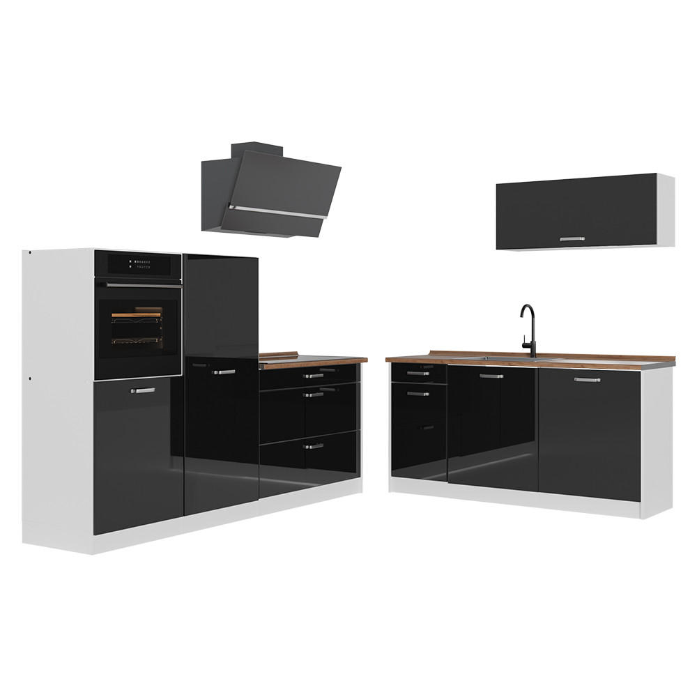 Vicco Küchenzeile Schwarz Hochglanz, Weiß 220x143x60 cm