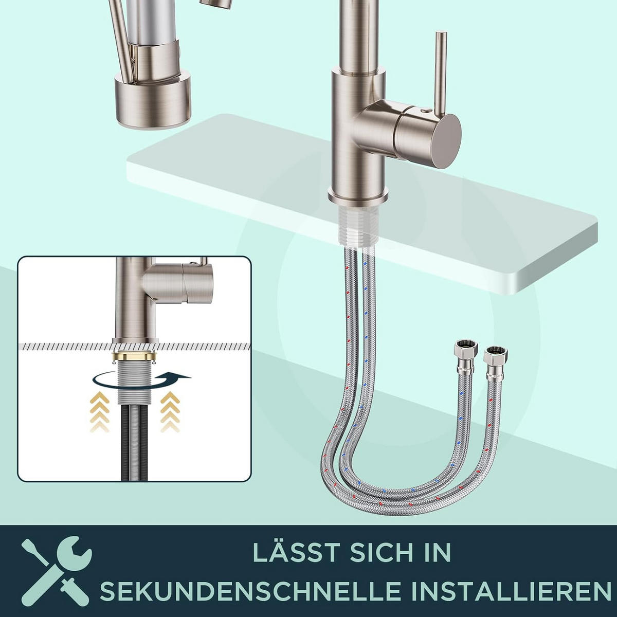 KÜCHENARMATUR Gebürstetes Nickel Federauslauf 2 Ausläufe - Silberfarben, Metall (3.8/47/21cm) - TVTIUO