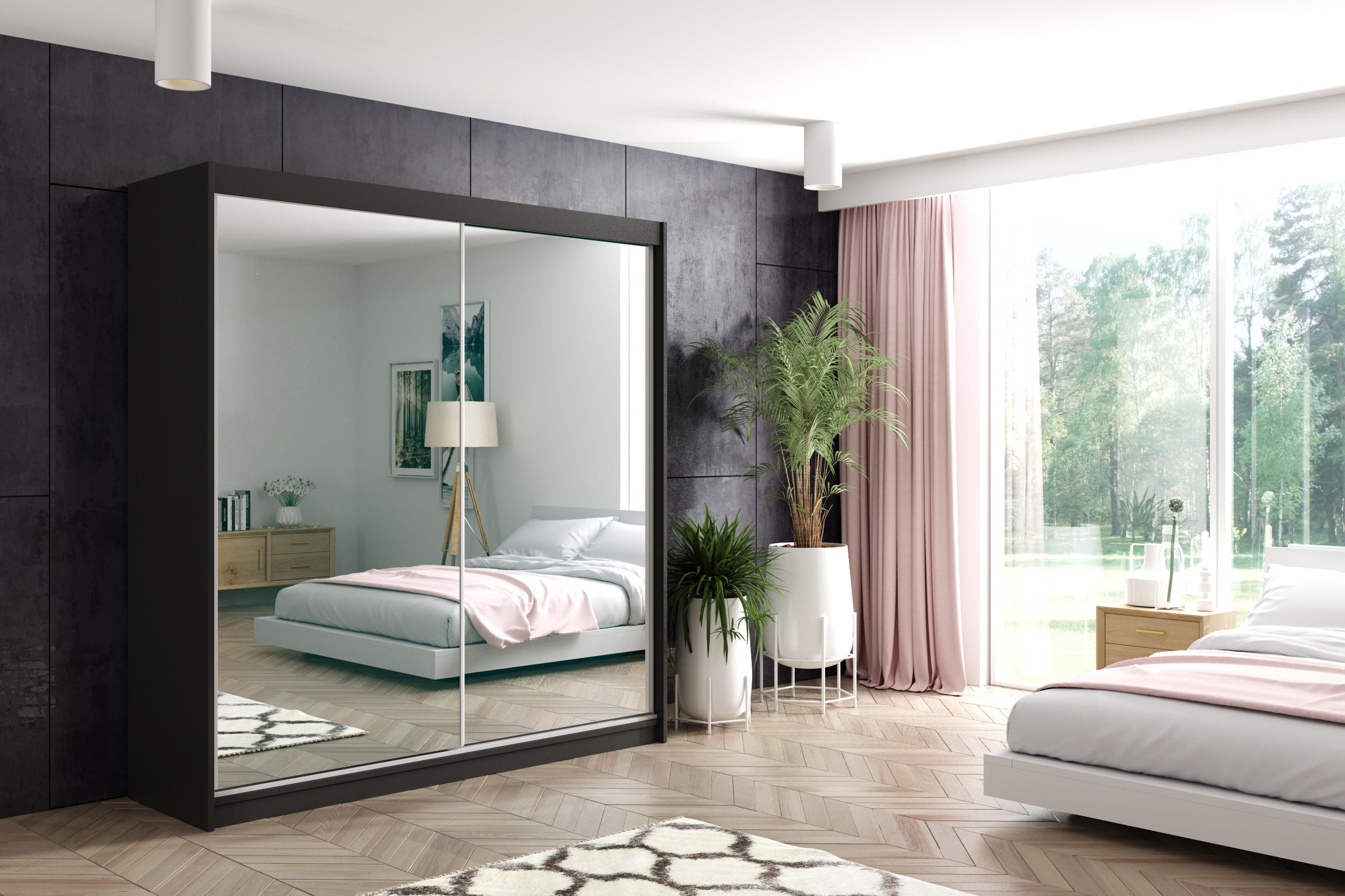 KLEIDERSCHRANK mit Spiegel-Schiebetüren und Aluminium-Leisten - DEBI - 200 cm Schwarz - Schwarz, Holzwerkstoff (200/216/61cm) - ALTDECOR
