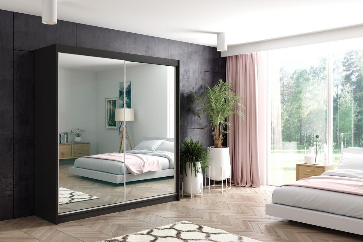 KLEIDERSCHRANK mit Spiegel-Schiebetüren und Aluminium-Leisten - DEBI - 200 cm Schwarz - Schwarz, Holzwerkstoff (200/216/61cm) - ALTDECOR