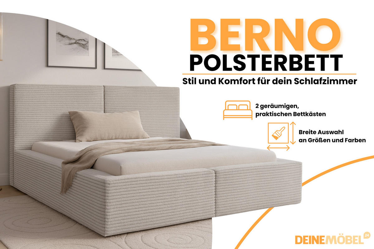 POLSTERBETT BERNO 200/200 in Cord Ecru - Ecru, Holz/Holzwerkstoff (200/200cm) - Deine Möbel 24