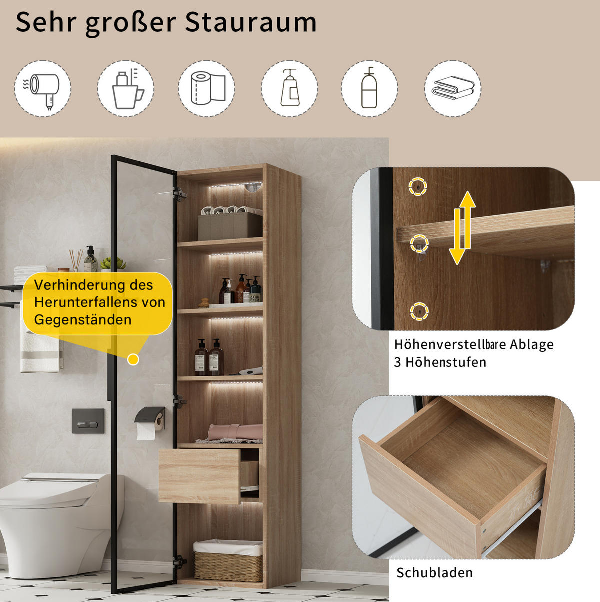 HOCHSCHRANK 40 cm aus MDF mit Lichtleiste und Glastür Naturfarben - Naturfarben, Holzwerkstoff (40/165/34.5cm) - Modenvie