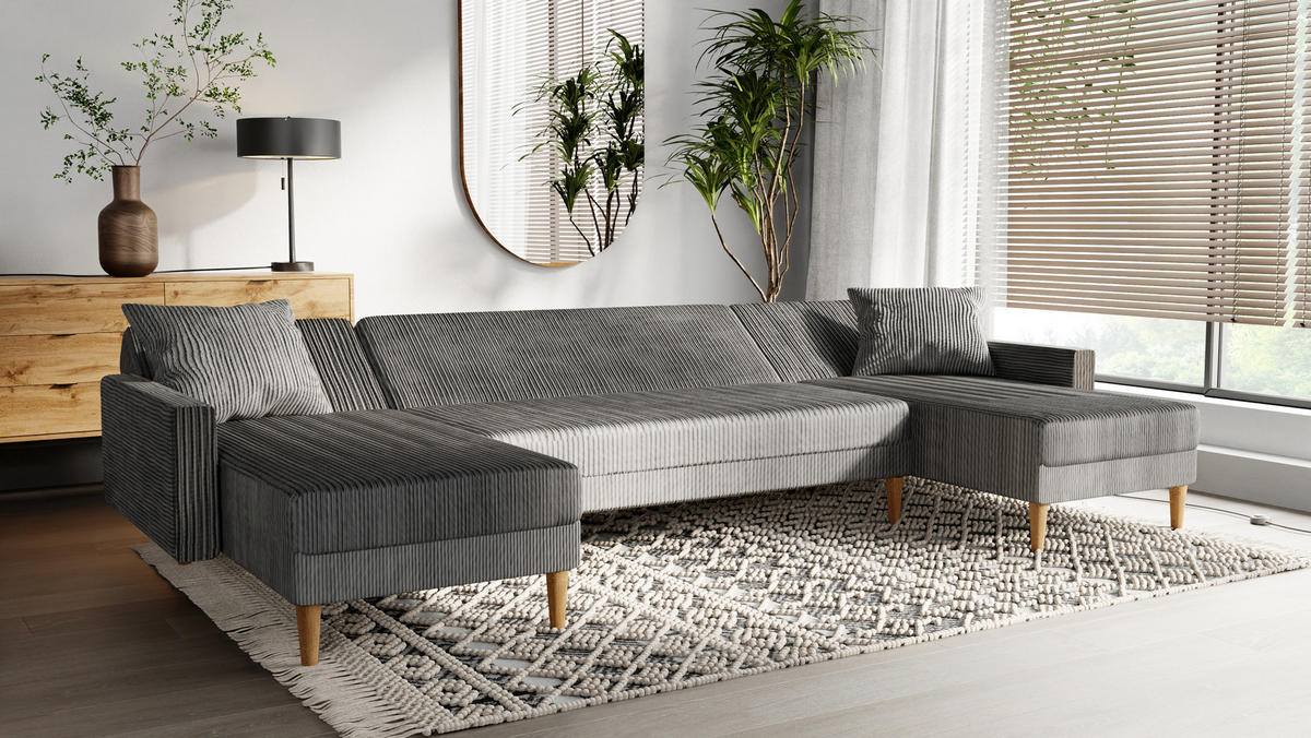 ECKSOFA mit Schlaffunktion U-Form, Hellgrau - Grau, Holzwerkstoff/Textil (330/134cm) - Idohome