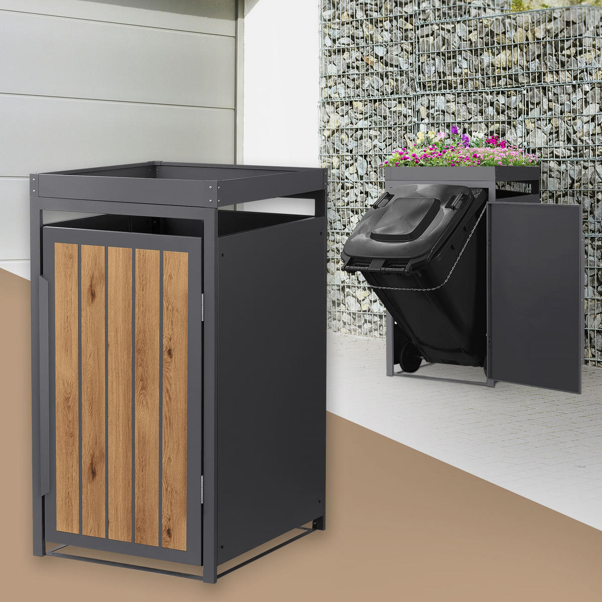 MÜLLTONNENBOX 1er mit Pflanzdach 240L Anthrazit-Eiche hell aus Stahl - Hellbraun, Metall (80/124/68cm) - ML-DESIGN