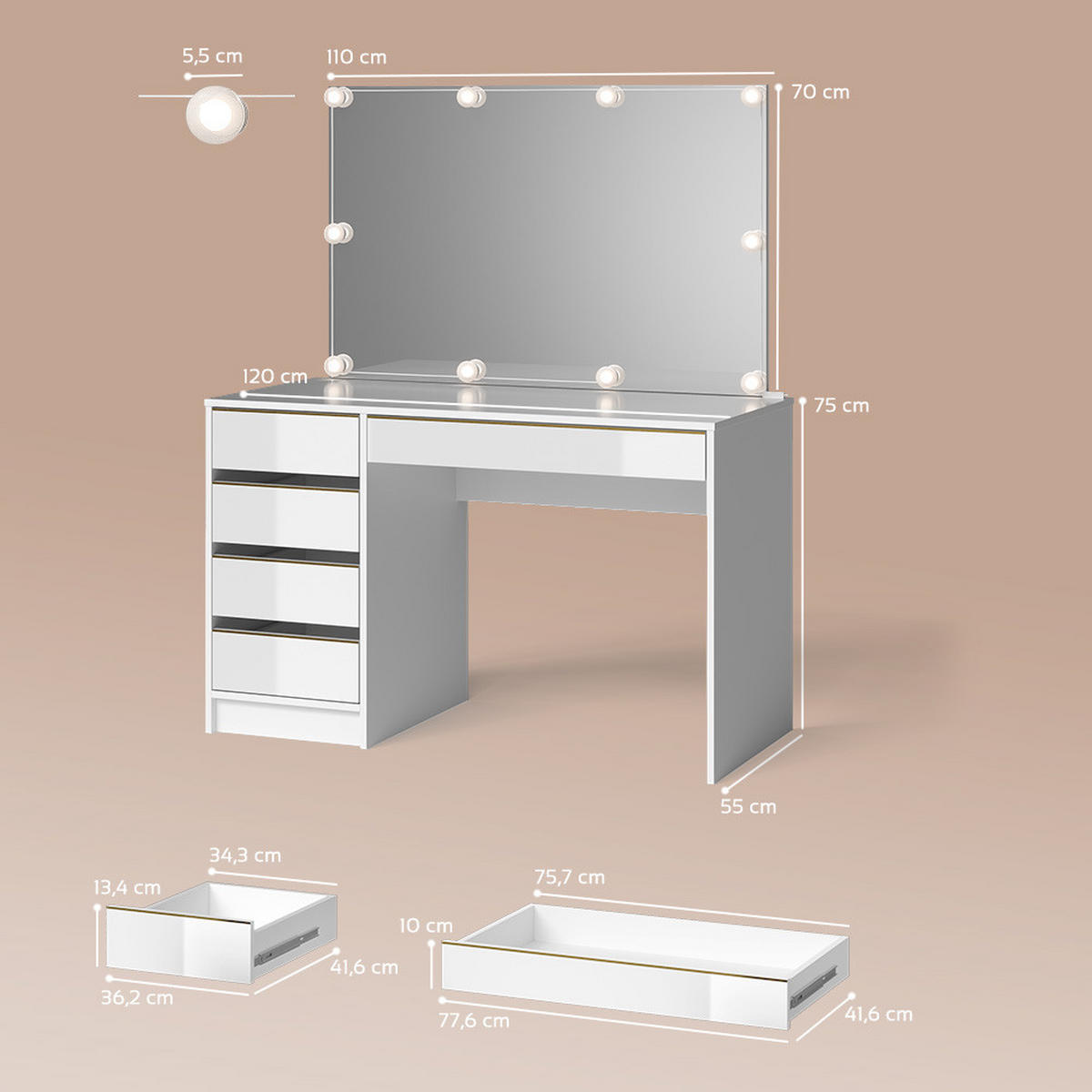 SCHMINKTISCH Imola Weiß/Gold 120 cm mit LED Beleuchtung - Goldfarben/Weiß, Holzwerkstoff (120/75/55cm) - Livinity®