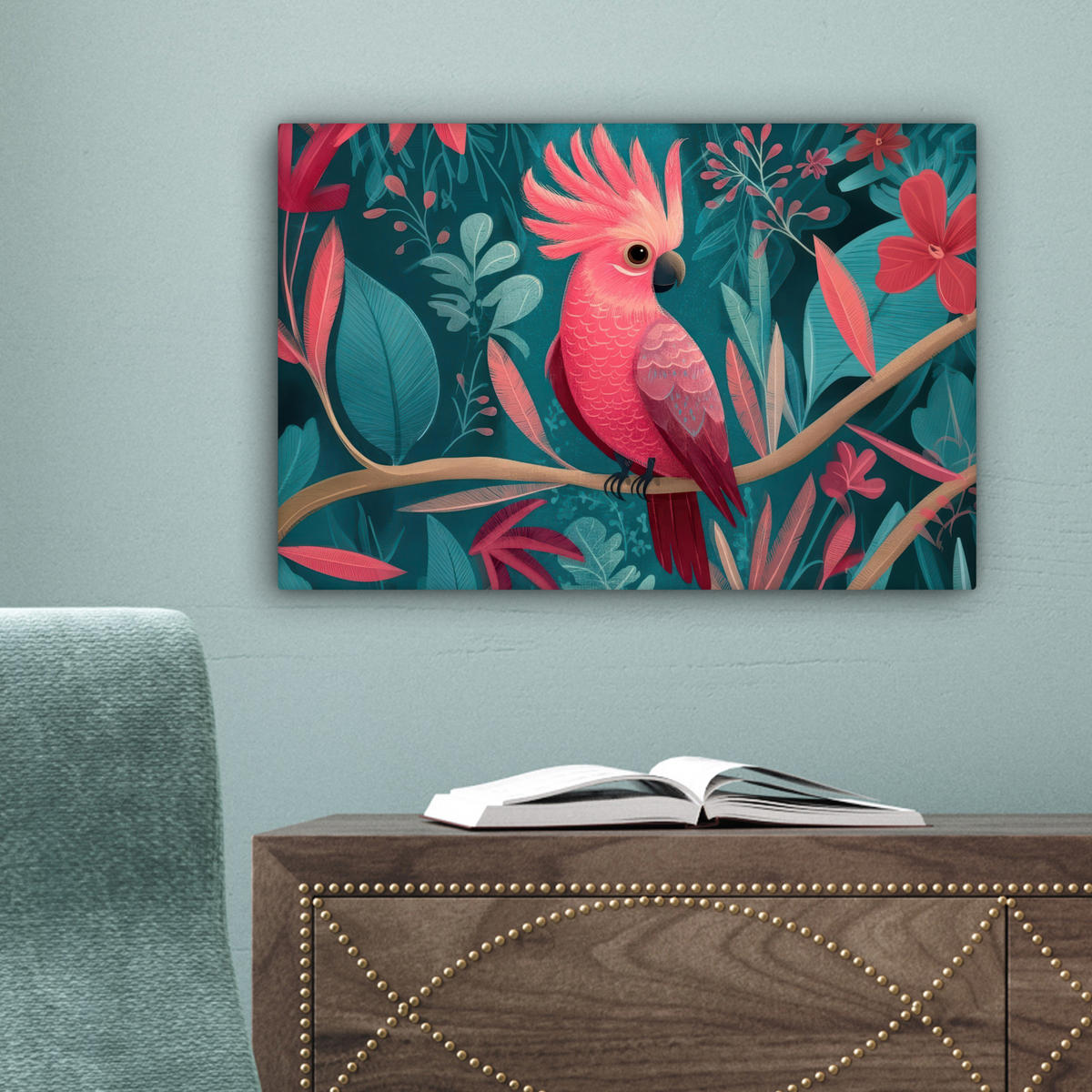 LEINWANDBILD Kakadu - Tropische Blätter - Zweig Deko Schlafzimmer 30x20 cm - Petrol, Textil (30/20cm) - MuchoWow