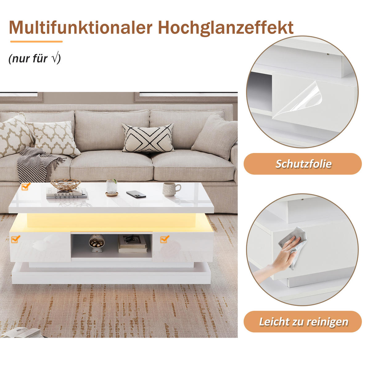 COUCHTISCH anhebbar Weiß LED 2 Schubladen 100x50x40cm Stauraum - Weiß, Holzwerkstoff (100/50/40cm) - FLIEKS