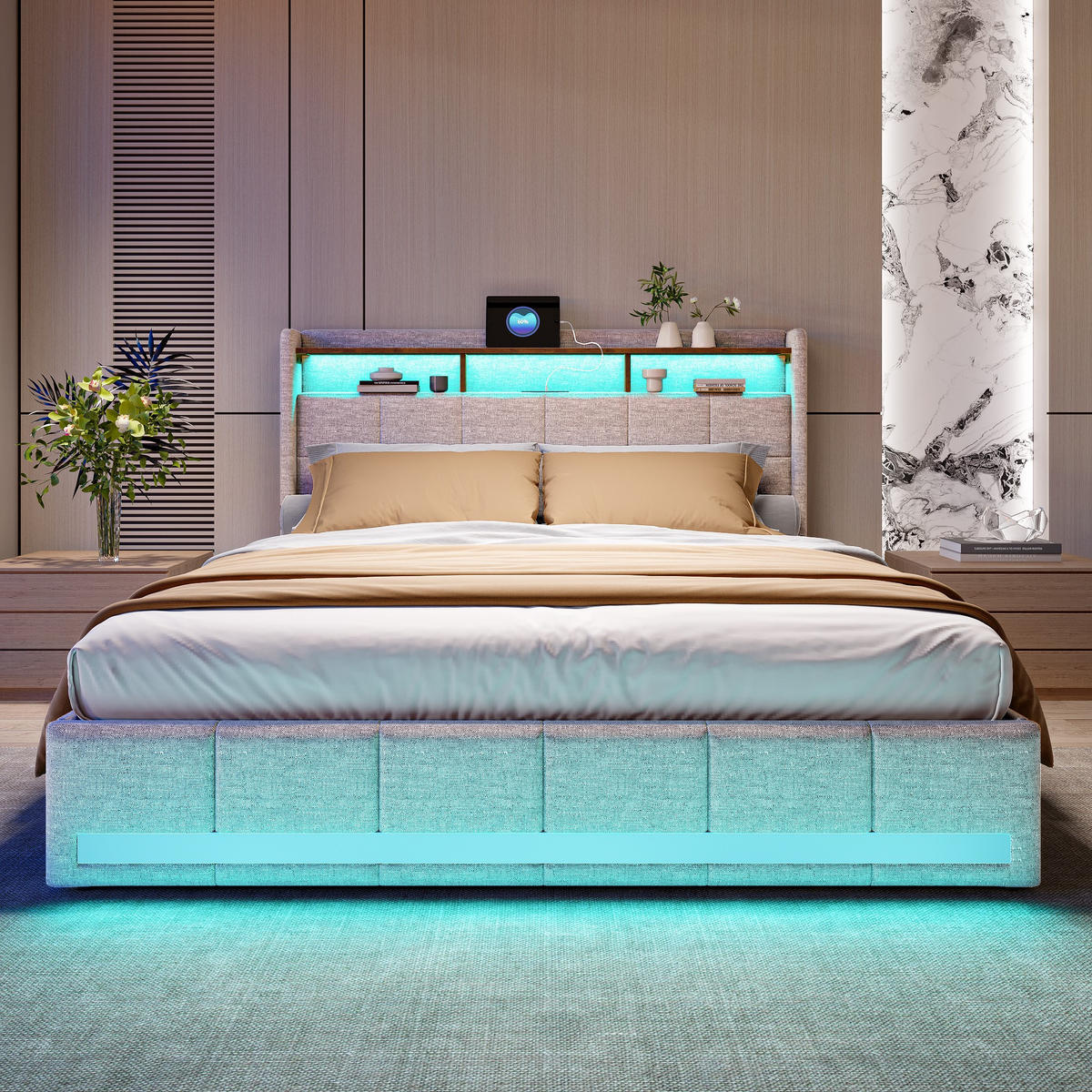 POLSTERBETT 140x200 cm "Aura" mit 4 Schubladen - LED-Beleuchtung & USB-Anschlüssen - Leinen-Optik - Beige - Beige, Textil (140/200cm) - DELFA