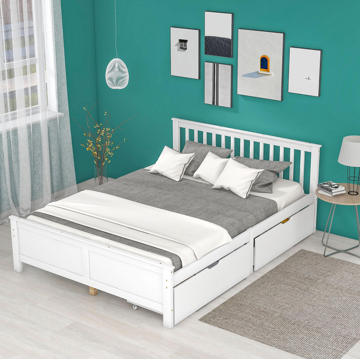 DOPPELBETT 140/200 cm mit 2 Schubladen und Massivholzrahmen, Weiß - Weiß, Holz (140/200cm) - Redom