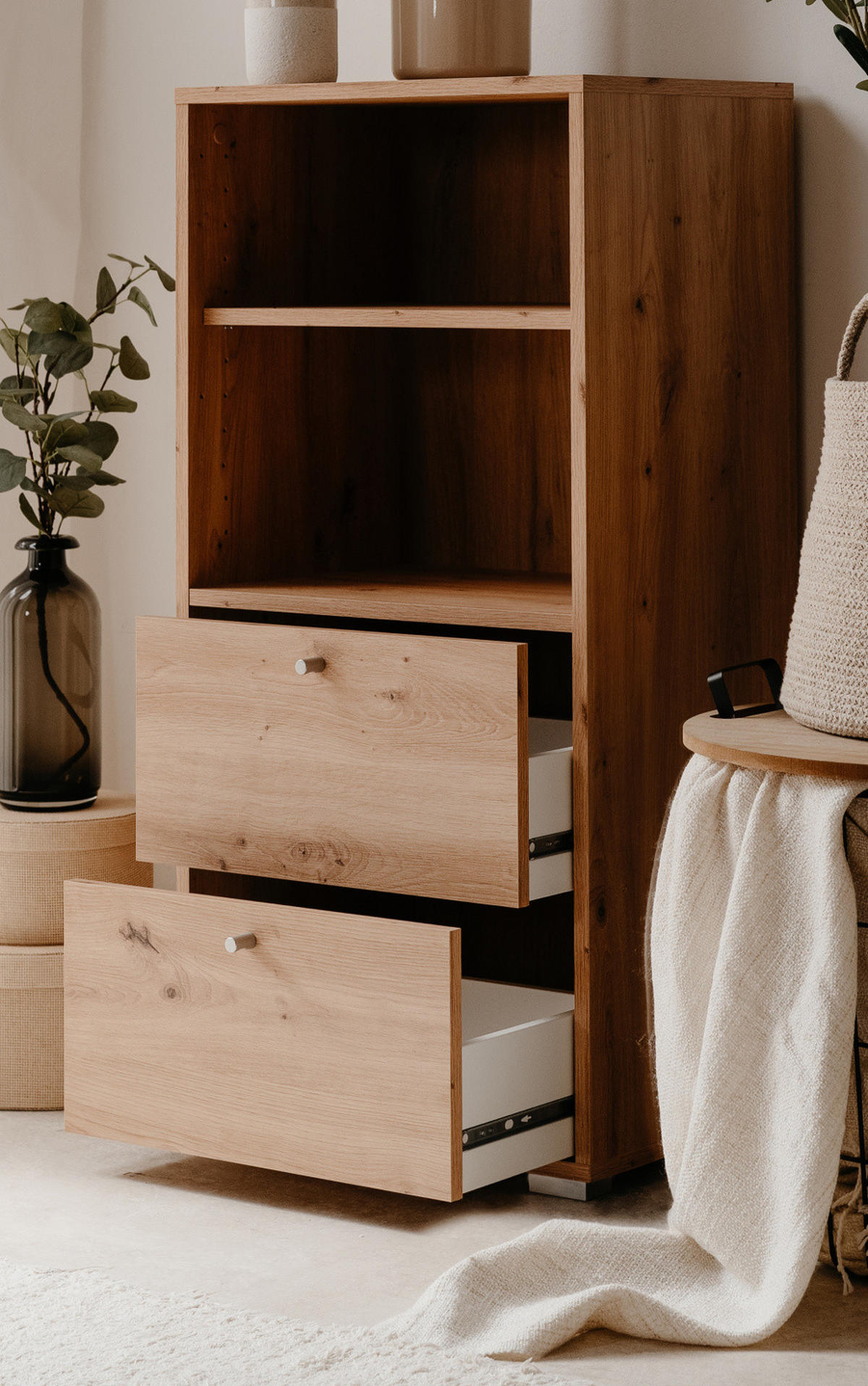 REGAL Eiche Artisan 46 x 97 cm, Standregal mit 2 Schubladen - Silberfarben/Eiche Artisan, Holzwerkstoff/Kunststoff (46/96.5/33.5cm) - Furn.Design