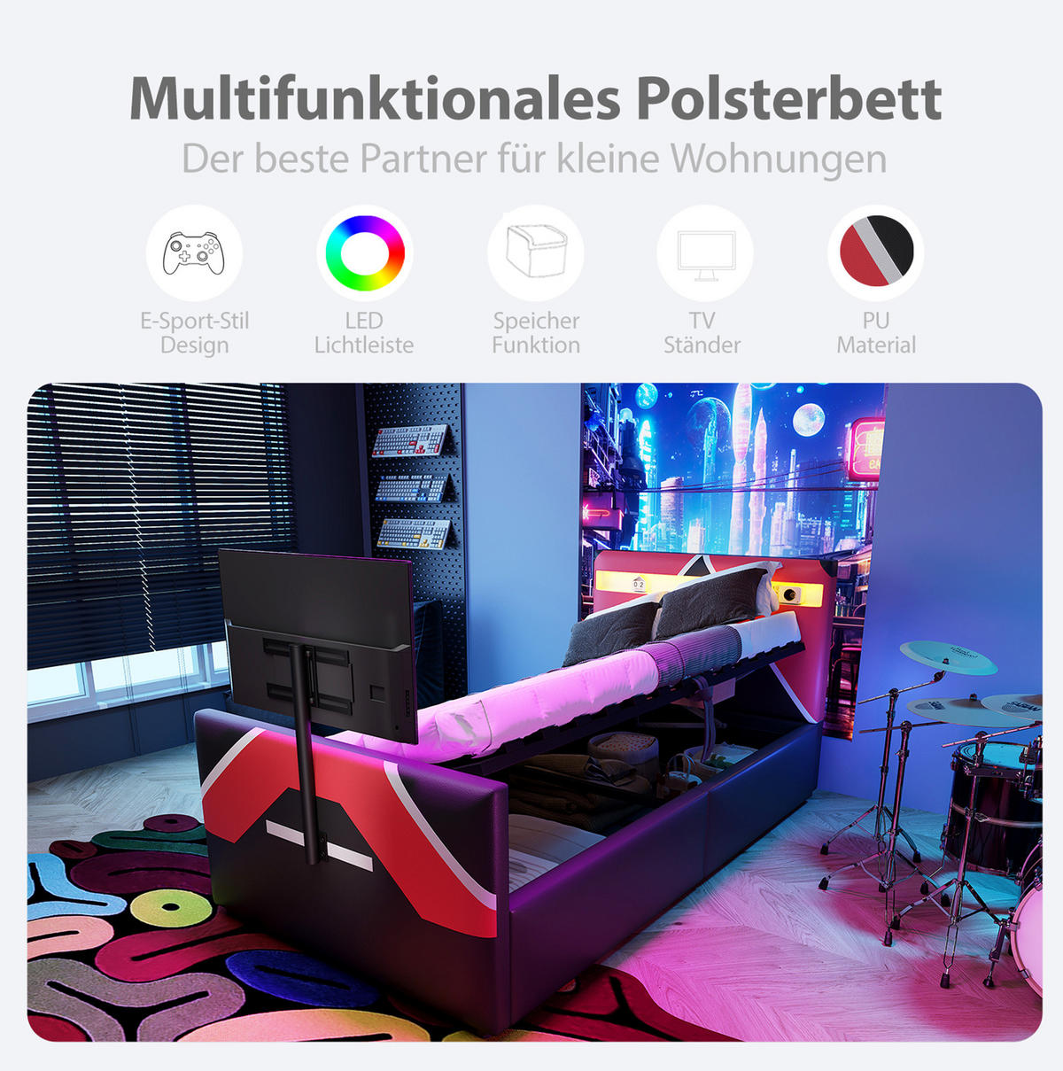 POLSTERBETT 90/200 cm Schwarz mit Stauraum, TV-Halterung und LED-Beleuchtung - Schwarz, Kunststoff (90/200cm) - Flora Grace