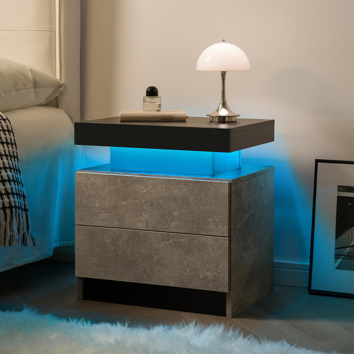 NACHTTISCH 50/53/36 cm grau aus Holzwerkstoff mit LED-Beleuchtung und 2 Schubladen - Grau, Holzwerkstoff (53/36/50cm) - OKWISH