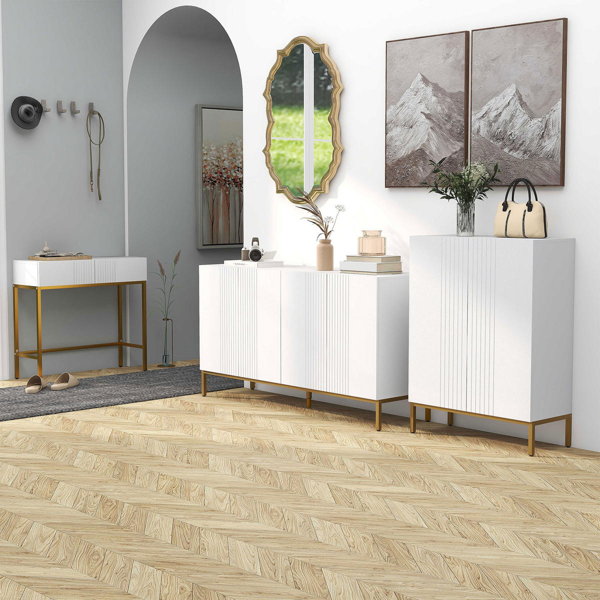 SIDEBOARD Weiß-Goldfarben, 4 Türen, 140/40/75 cm - Weiß, Holz (140/75/40cm) - PANGIVO